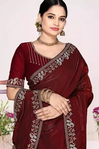Maroon color fendi satin silk blend two tone zircon work saree
