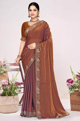 Rust color fendi satin silk two tone zircon work saree