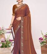 Rust color fendi satin silk two tone zircon work saree
