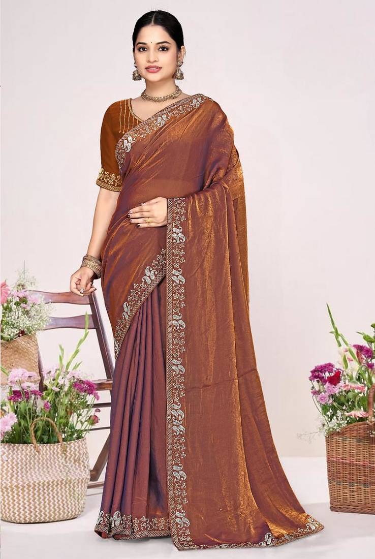 Rust color fendi satin silk two tone zircon work saree