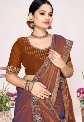 Rust color fendi satin silk blend two tone zircon work saree 2