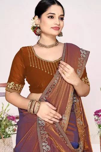Rust color fendi satin silk blend two tone zircon work saree