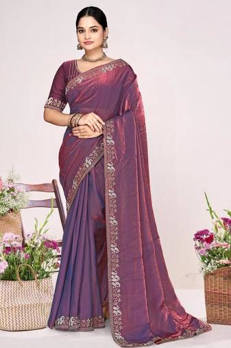 Dusty purple color fendi satin silk two tone zircon work saree