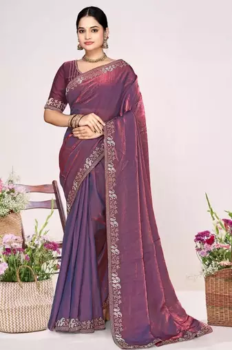 Dusty purple color fendi satin silk two tone zircon work saree