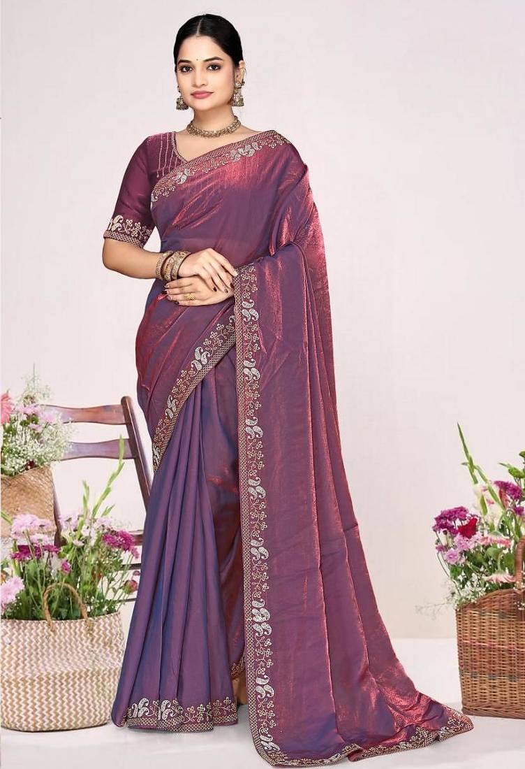 Dusty purple color fendi satin silk two tone zircon work saree
