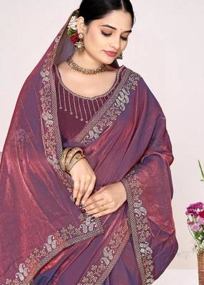 Dusty purple color fendi satin silk blend two tone zircon work saree 2