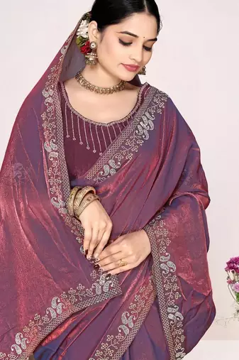Dusty purple color fendi satin silk blend two tone zircon work saree