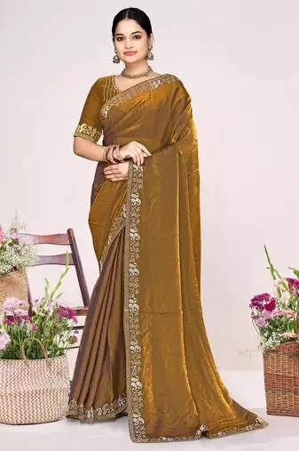 Gold color fendi satin silk two tone zircon work saree