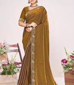Gold color fendi satin silk two tone zircon work saree