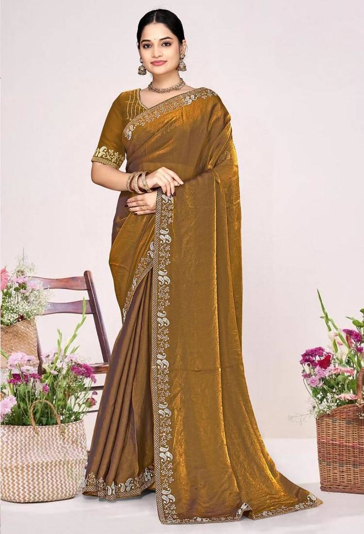 Gold color fendi satin silk two tone zircon work saree