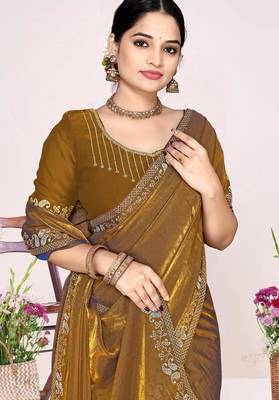 Gold color fendi satin silk blend two tone zircon work saree 2
