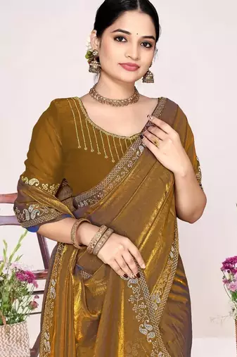 Gold color fendi satin silk blend two tone zircon work saree
