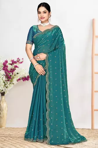 Firozi color fendi satin silk two tone zircon work saree