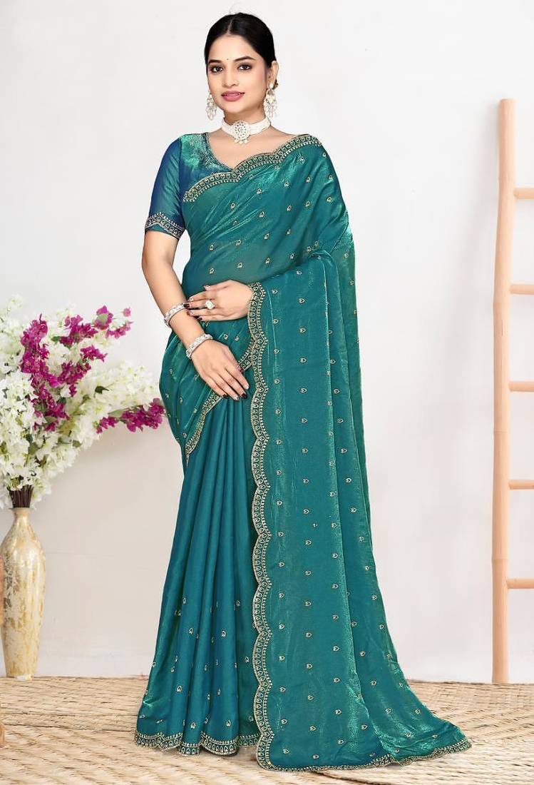 Firozi color fendi satin silk two tone zircon work saree