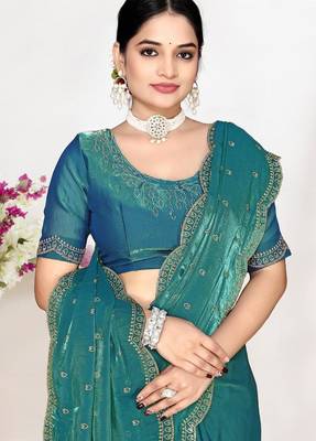 Firozi fendi satin silk blend two tone zircon work saree 2