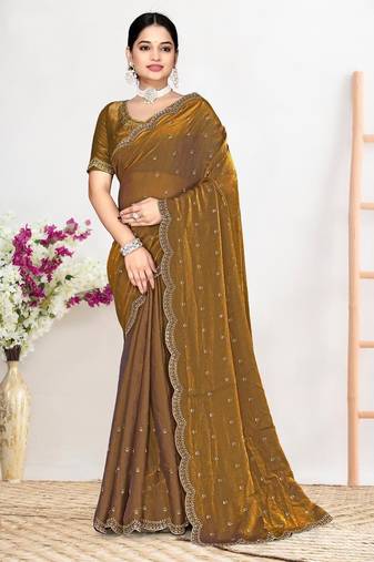 Gold color fendi satin silk two tone zircon work saree