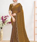 Gold color fendi satin silk blend two tone zircon work saree