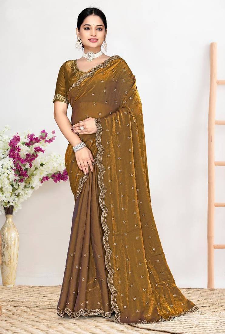 Gold color fendi satin silk two tone zircon work saree