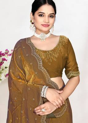 Gold color fendi satin silk blend two tone zircon work saree 2