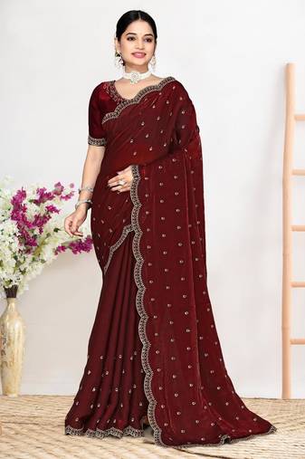Maroon color fendi satin silk two tone zircon work saree