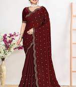 Maroon color fendi satin silk blend two tone zircon work saree