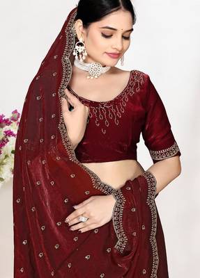 Maroon color fendi satin silk blend two tone zircon work saree 2