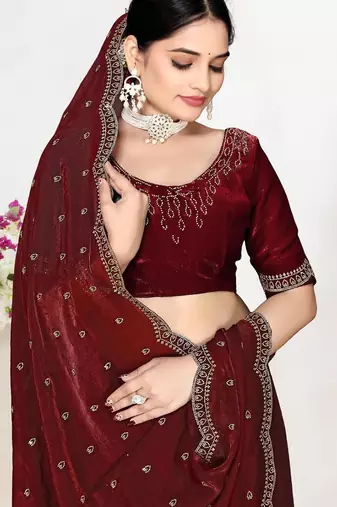 Maroon color fendi satin silk blend two tone zircon work saree