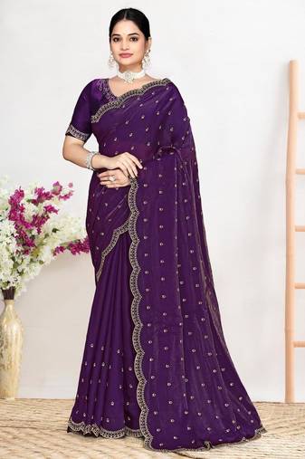 Purple color fendi satin silk two tone zircon work saree