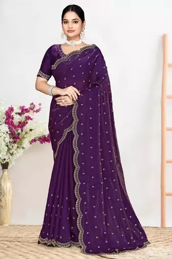 Purple color fendi satin silk two tone zircon work saree