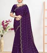 Purple color fendi satin silk blend two tone zircon work saree