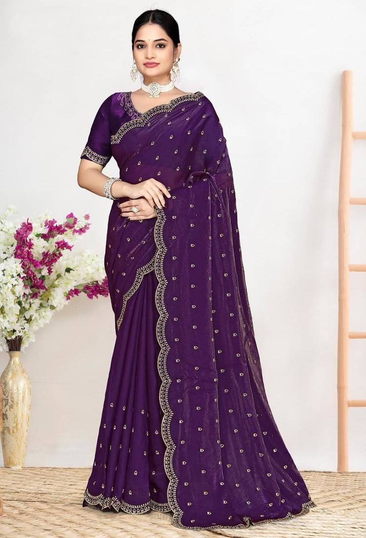 Purple color fendi satin silk two tone zircon work saree