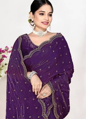 Purple color fendi satin silk blend two tone zircon work saree 2