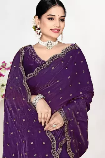 Purple color fendi satin silk blend two tone zircon work saree