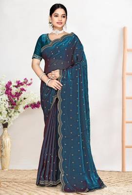 Morpeach color fendi satin silk blend two tone zircon work saree 1