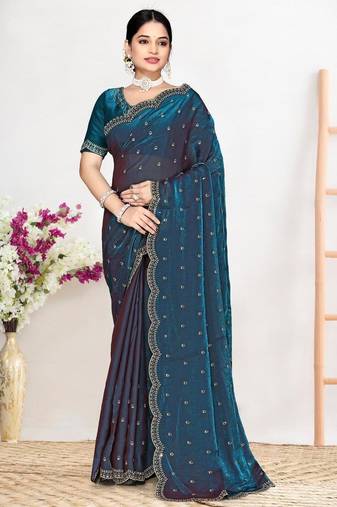 Morpeach color fendi satin silk two tone zircon work saree
