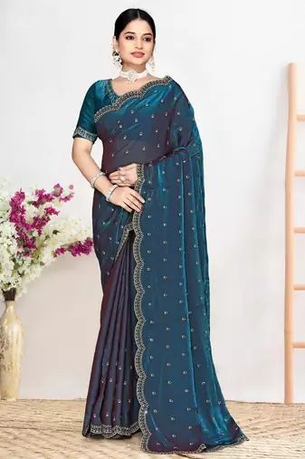 Morpeach color fendi satin silk two tone zircon work saree