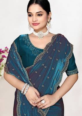 Morpeach color fendi satin silk blend two tone zircon work saree 2