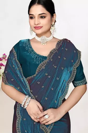 Morpeach color fendi satin silk blend two tone zircon work saree