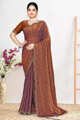 Rust color fendi satin silk two tone zircon work saree