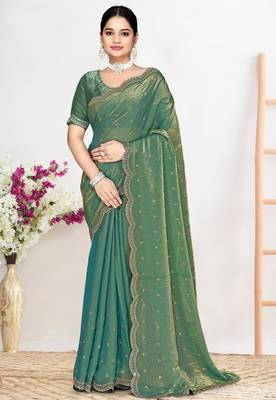 Ice blue color fendi satin silk blend two tone zircon work saree 1