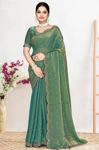 Ice blue color fendi satin silk blend two tone zircon work saree
