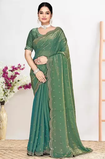 Ice blue color fendi satin silk two tone zircon work saree