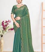 Ice blue color fendi satin silk blend two tone zircon work saree