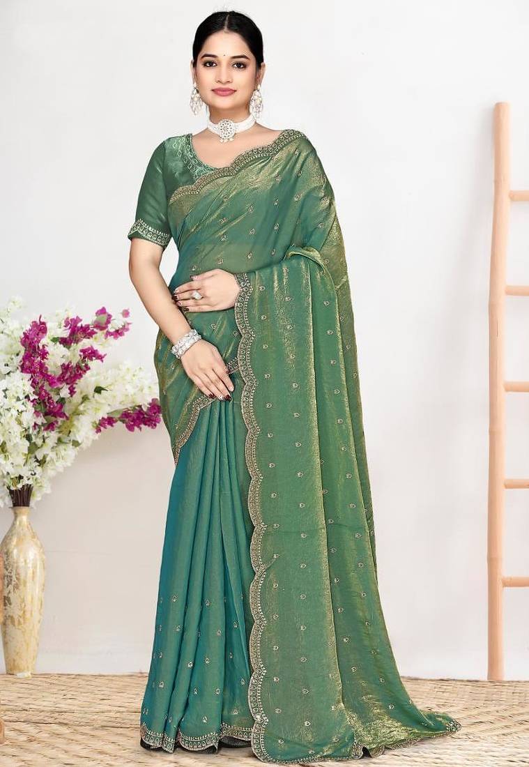 Ice blue color fendi satin silk two tone zircon work saree