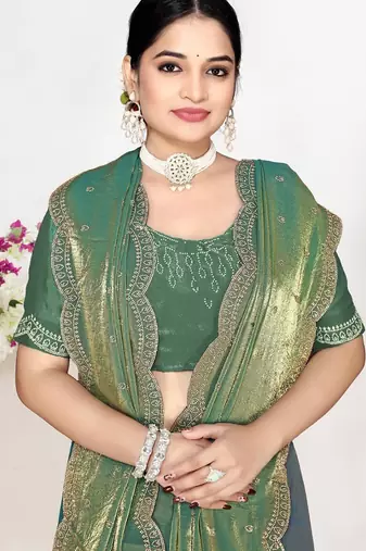 Ice blue color fendi satin silk blend two tone zircon work saree