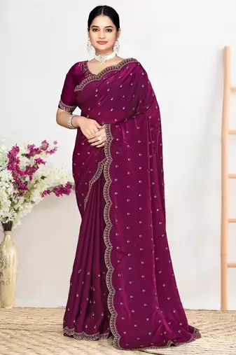 Wine color fendi satin silk two tone zircon work saree