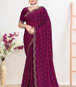 Wine color fendi satin silk blend two tone zircon work saree