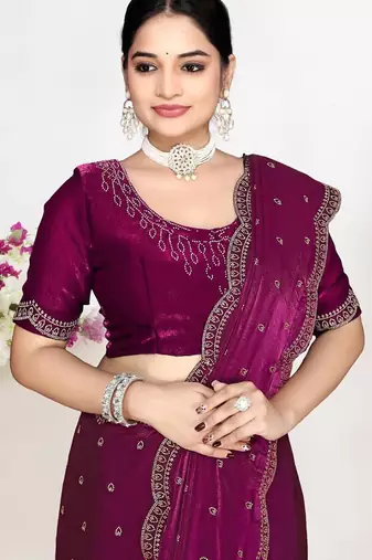 Wine color fendi satin silk blend two tone zircon work saree