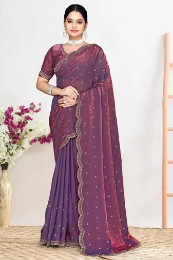 Dusty purple color fendi satin silk two tone zircon work saree