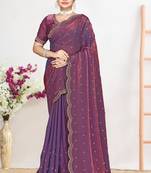 Dusty purple color fendi satin silk blend two tone zircon work saree